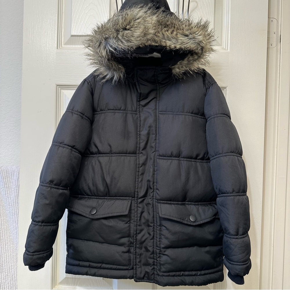 Old Navy Boys Black Faux Fur Hooded Puffer Zip-Up Jacket Size Small 6-7
